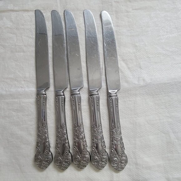 Reed & Barton Haversham Stainless Steel Ornate Handle Table Knives Set Of 5 Vint - Picture 1 of 3